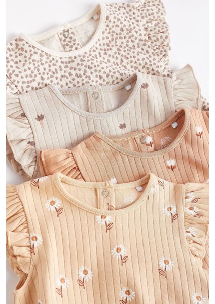 Pamuklu Beige Cream Floral 4’lü Romper Set