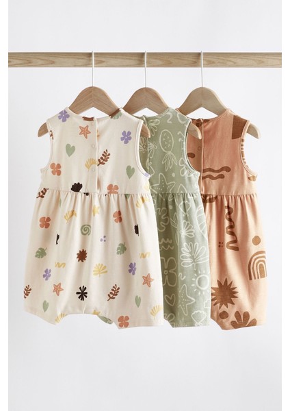 Pamuklu Krem Çiçek Desenli Romper 3’lü Set