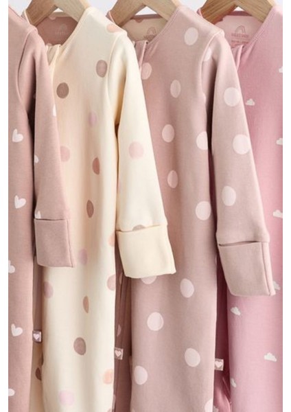 % 100 Pamuklu Pembe Kahve Kalp Desenli 4'lü Tulum Set