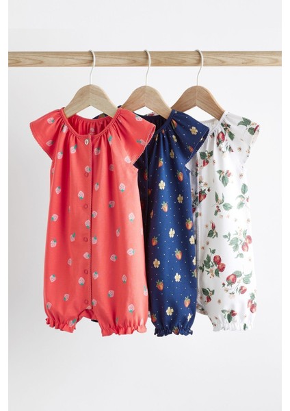 % 100 Pamuklu Kırmızı Çilek Desenli 3’lü Romper Set