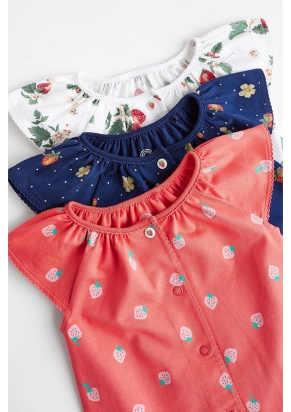 % 100 Pamuklu Kırmızı Çilek Desenli 3’lü Romper Set