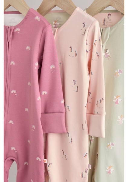 % 100 Pamuklu Pembe Unicorn Desenli 3'lü Tulum Set