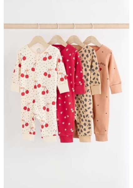 %100 Pamuklu Krem Kahve Kiraz Desenli 4'lü Tulum Set