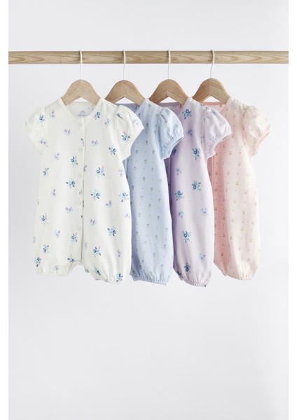 % 100 Pamuklu Beyaz Mavi Pembe Çiçekli 4’lü Romper Set
