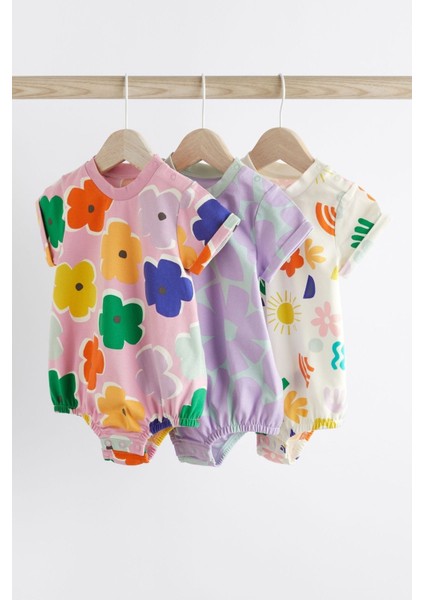 New % 100 Pamuklu Çoklu Parlak Baskı Romper 3’lü Set