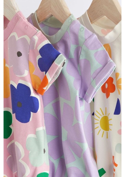 New % 100 Pamuklu Çoklu Parlak Baskı Romper 3’lü Set
