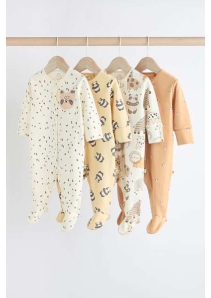 % 100 Pamuklu Krem Animal 4'lü Tulum Set