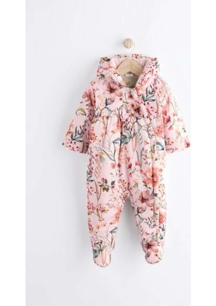 Pembe Çiçek Desenli Tam Polar Astarlı Kapitone Astronot Tulum