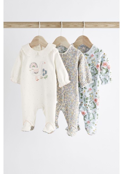 % 100 Pamuklu Beyaz Ördek Desenli 3’lü Tulum Set