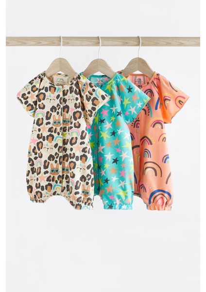 % 100 Pamuklu Blue Orange Animal Print 3’lü Romper Set