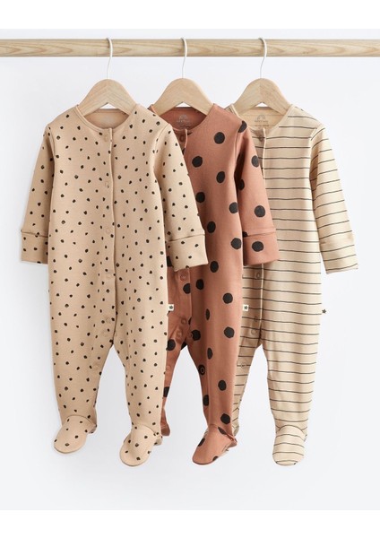 % 100 Pamuklu Kahverengi Puantiye Desenli 3’lü Tulum Set