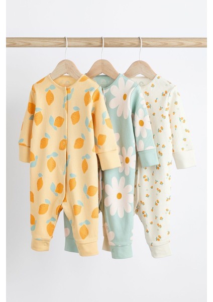 % 100 Pamuklu Sarı Limon Çiçek Desenli 3’lü Tulum Set