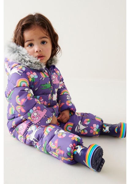 Mor Unicorn Desenli Tam Polar Astarlı Kar Tulumu
