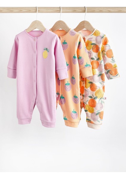 % 100 Pamuklu Lila Turuncu Meyve Desenli 3’lü Tulum Set