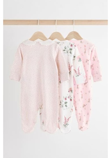 % 100 Pamuklu Pembe Çiçek Desenli Dantel Yaka 3'lü Tulum Set