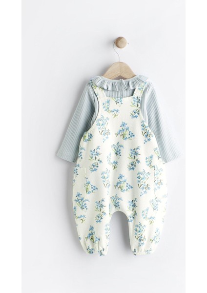 % 100 Pamuklu Mavi Çiçek Desenli Salopet Body Zıbın Set fırsatları