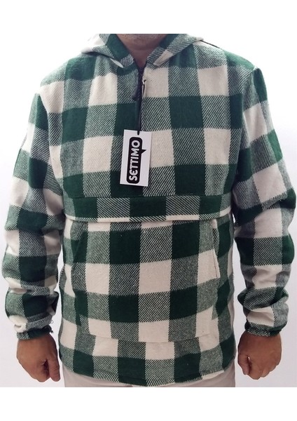 Yeşil Kanguru Cepli ve Kapüşonlu Kareli Oduncu Gömlek