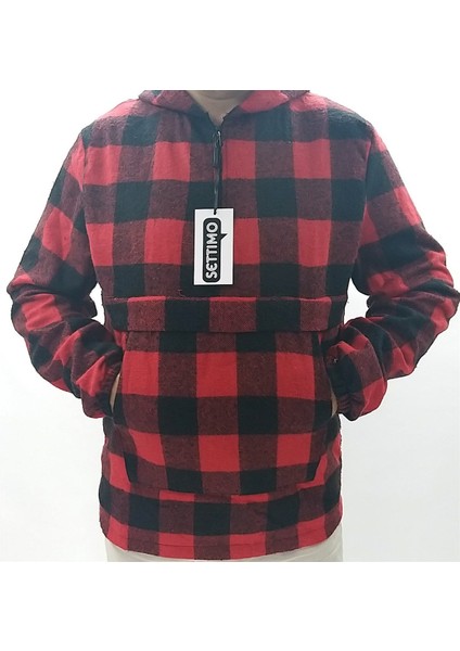 Kırmızı Kanguru Cepli ve Kapüşonlu Kareli Oduncu Gömlek