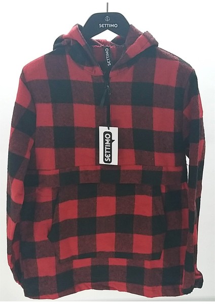 Kırmızı Kanguru Cepli ve Kapüşonlu Kareli Oduncu Gömlek modelleri