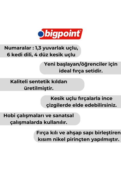 | 984 Serisi Sentetik Kıl Fırça Seti, 4'lü, Yuvarlak, Kedi Dili ve Düz Kesik Uçlu, No: 1, 3, 4, 6