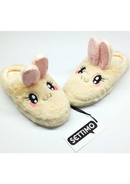 Ekru Tavşan Figürlü Panduf Ev Terliği