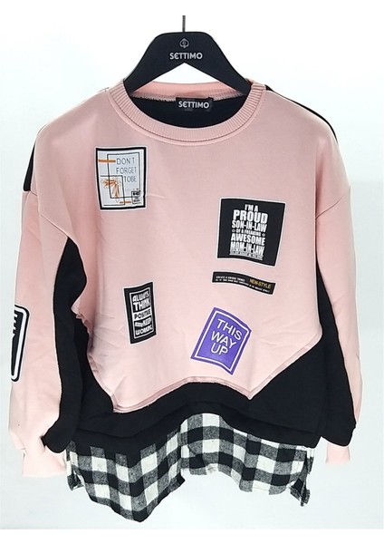 Settimo-Lsk Pudra Bisiklet Yaka Etiket Baskılı Ekose Sweatshirt Oversize