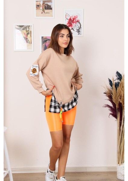 Settimo-Lsk Bej Ekose Detay Aksesuarlı Sweatshirt