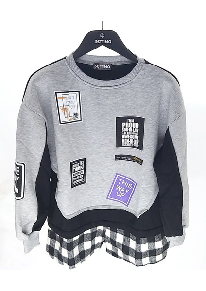 Settimo-Lsk Gri Bisiklet Yaka Etiket Baskılı Ekose Sweatshirt Oversize