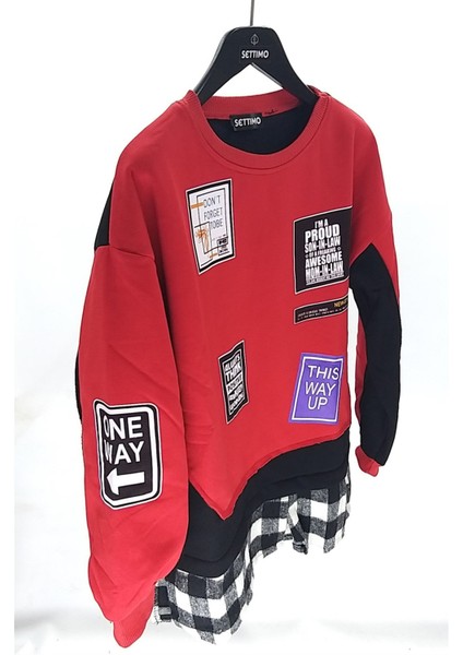 Settimo-Lsk Kırmızı Bisiklet Yaka Etiket Baskılı Ekose Sweatshirt Oversize