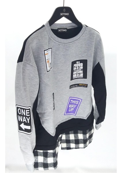 Settimo-Lsk Gri Bisiklet Yaka Etiket Baskılı Ekose Sweatshirt Oversize