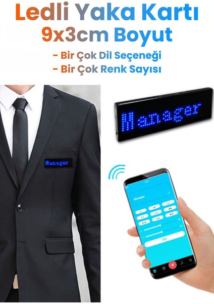 Ledli Yaka Kartı Dijital Ekran Yazı ve Animasyon Eklenebilen Telefon Kontrollü 9*3 cm