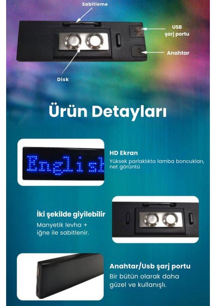 Ledli Yaka Kartı Dijital Ekran Yazı ve Animasyon Eklenebilen Telefon Kontrollü 9*3 cm fırsatları