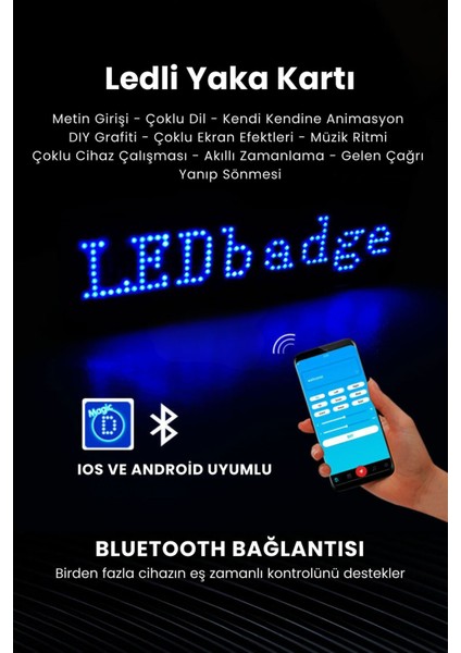 Ledli Yaka Kartı Dijital Ekran Yazı ve Animasyon Eklenebilen Telefon Kontrollü 9*3 cm indirimleri