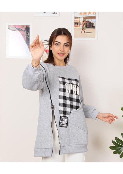 Settimo-Lsk Gri Bisiklet Yaka Nakış Detaylı Ekose Tunik