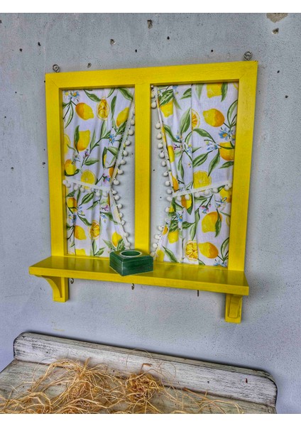 Ahşap Sarı Pencere,balkon Dekoru Için Limon Perdeli,50×60 Cm,el Boyaması