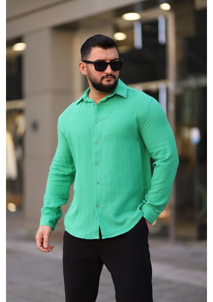 Thmany Erkek Keten Müslin % Pamuk Düğmeli Gömlek Yaka