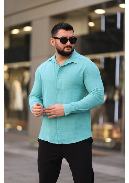 Thmany Erkek Keten Müslin % Pamuk Düğmeli Gömlek Yaka