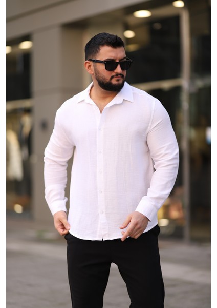 Thmany Erkek Keten Müslin % Pamuk Düğmeli Gömlek Yaka