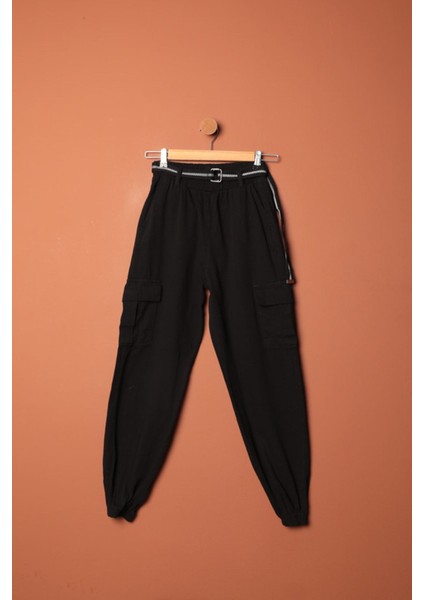 Gabardin Kumaş Kemerli Kargo Kadın Pantolon-Siyah