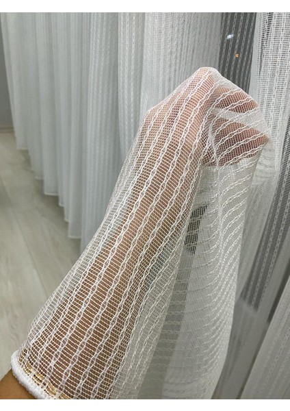 4042 Gümüş Simli Desenli Modern Ekru Tül Perde 1/3 Sık Pileli