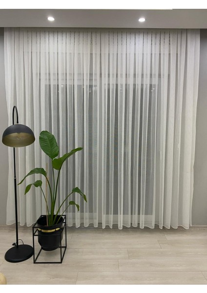 4084 Gümüş Simli Desenli Modern Ekru Tül Perde 1/3 Sık Pileli