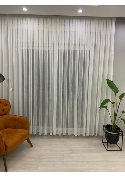 4042 Desenli Modern Ekru Tül Perde 1/2,5 Normal Orta Pileli