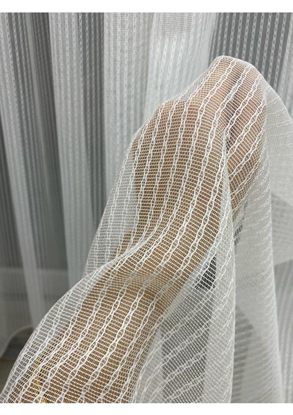 4042 Desenli Modern Ekru Tül Perde 1/3 Sık Pileli