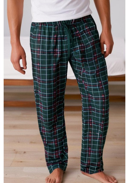 Kareli Pamuklu Erkek Pijama Altı Yumuşak Esnek Bol Kalıp Cepli Ipli Yeşil Ekose Relax Fit Likralı