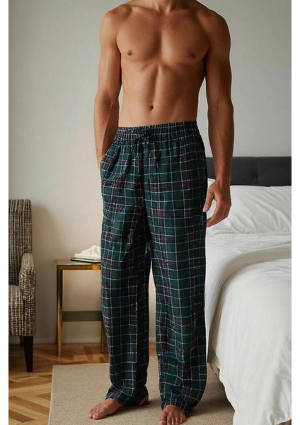 Kareli Pamuklu Erkek Pijama Altı Yumuşak Esnek Bol Kalıp Cepli Ipli Yeşil Ekose Relax Fit Likralı modelleri