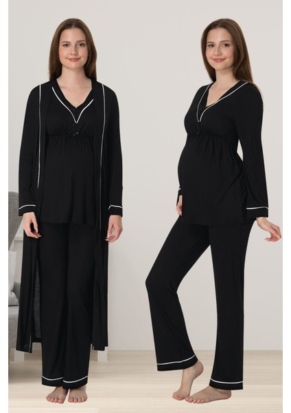 Siyah Sabahlıklı Hamile Lohusa Pijama Takımı