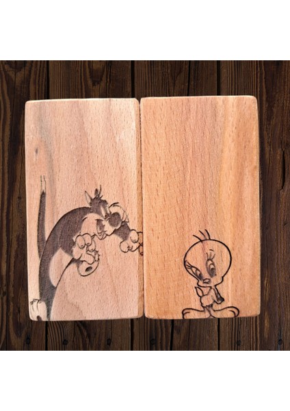 Sylvester ve Tweety Desenli Ahşap Tuzluk/biberlik Set
