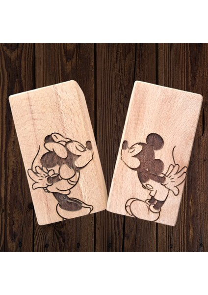 Mickey Mouse ve Minnie Mouse Desenli Ahşap Tuzluk/biberlik Set