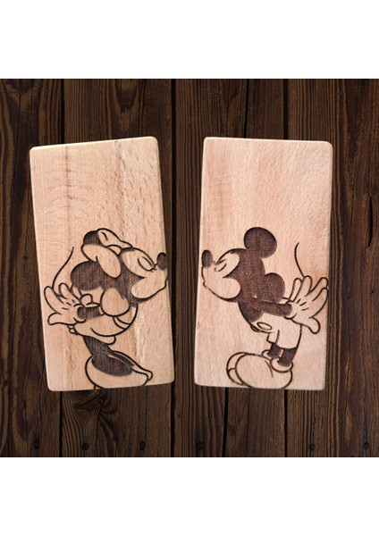 Mickey Mouse ve Minnie Mouse Desenli Ahşap Tuzluk/biberlik Set