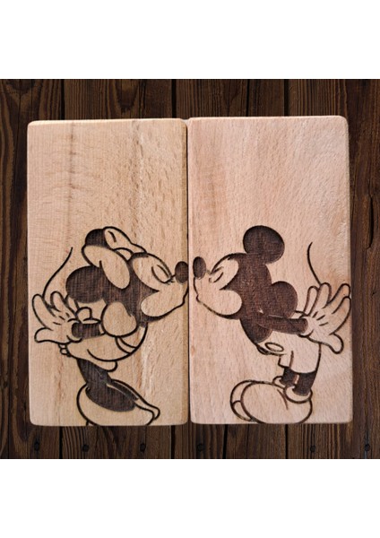 Mickey Mouse ve Minnie Mouse Desenli Ahşap Tuzluk/biberlik Set